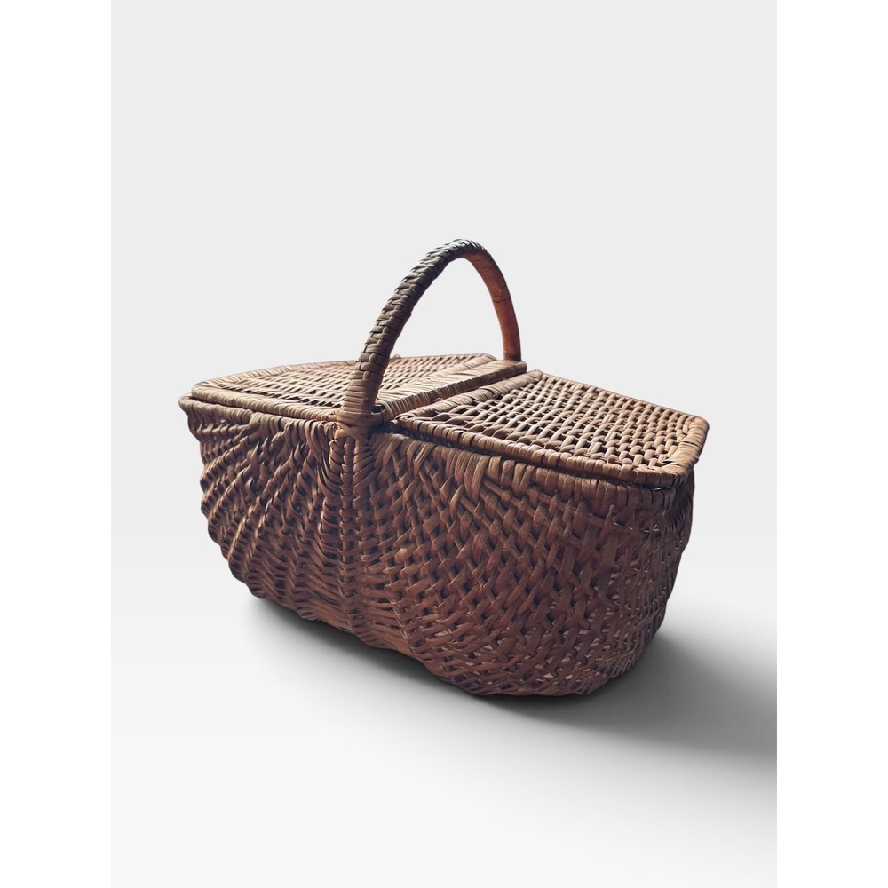 Vintage Woven Wicker Picnic Basket Double Lid Fixed Handle Brown Rustic Decor